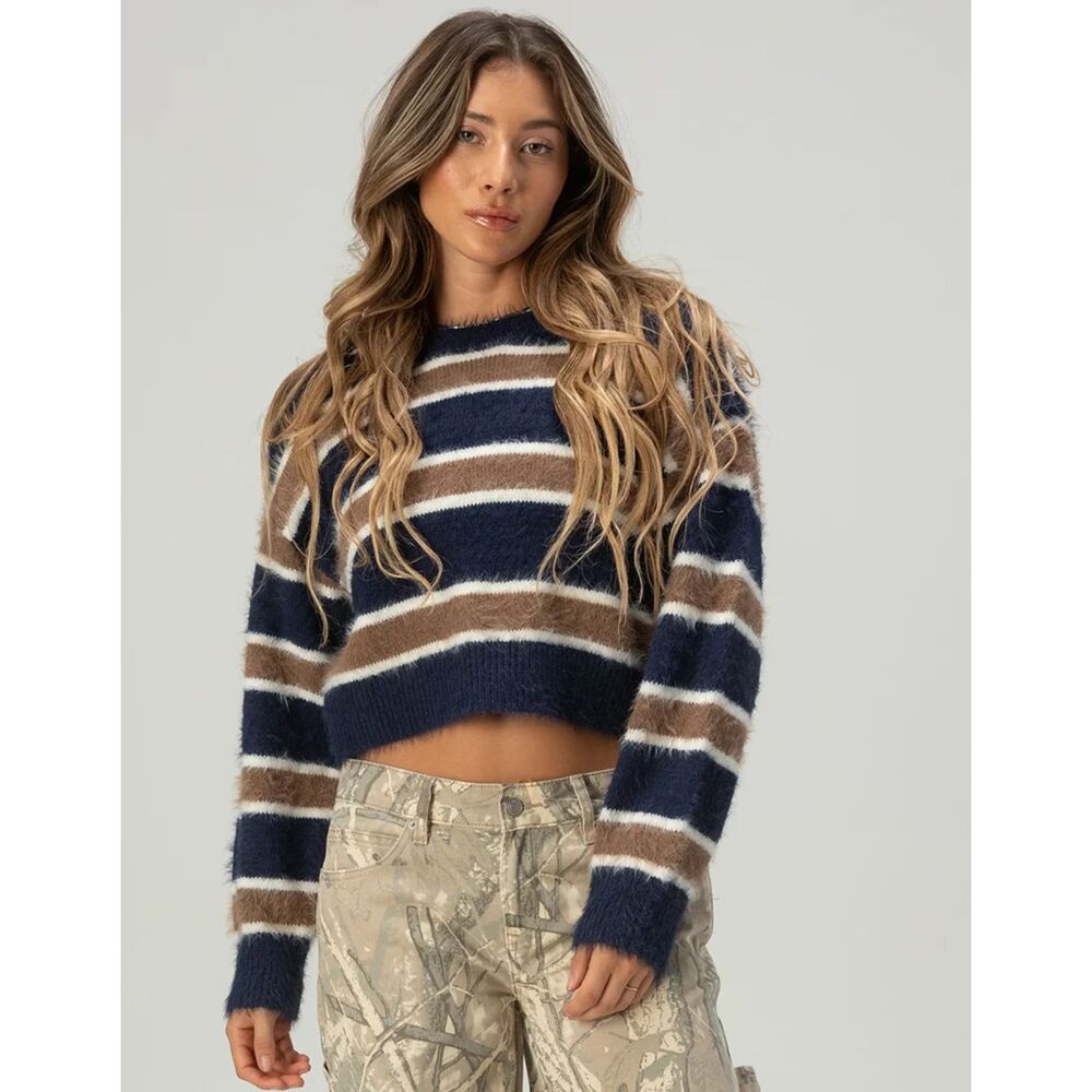 New NWT Tillys Fuzzy Stripe Crop Sweater Soft Full Tilt L